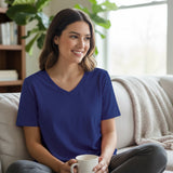 Navy Blue Women’s Stretch Performance T-Shirt on a model – Lux Decor