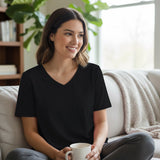 Black Women’s Stretch Performance T-Shirt on a model – Lux Decor