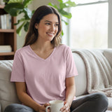 Dawn Pink Women’s Stretch Performance T-Shirt on a model – Lux Decor