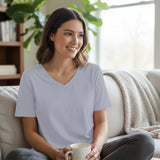 Light Grey Women’s Stretch Performance T-Shirt on a model – Lux Decor