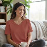Rust Women’s Stretch Performance T-Shirt on a model – Lux Decor