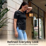 Black Women’s Stretch Performance T-Shirt on a model – Lux Decor